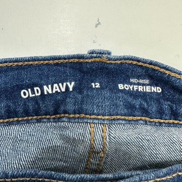 Old Navy Mid Rise Boyfriend Distressed Women's size 12 Dark Wash Blue Denim Jean - Picture 3 of 5
